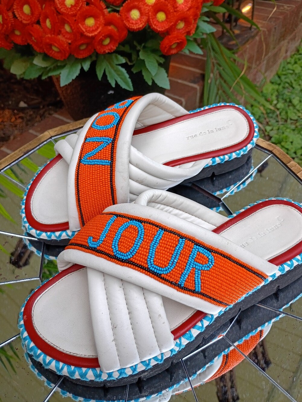 RUE DE LA LUNE X BONJOUR LEATHER CROSSOVER BEADED SLIDE ON SANDALS LN SIPER RARE